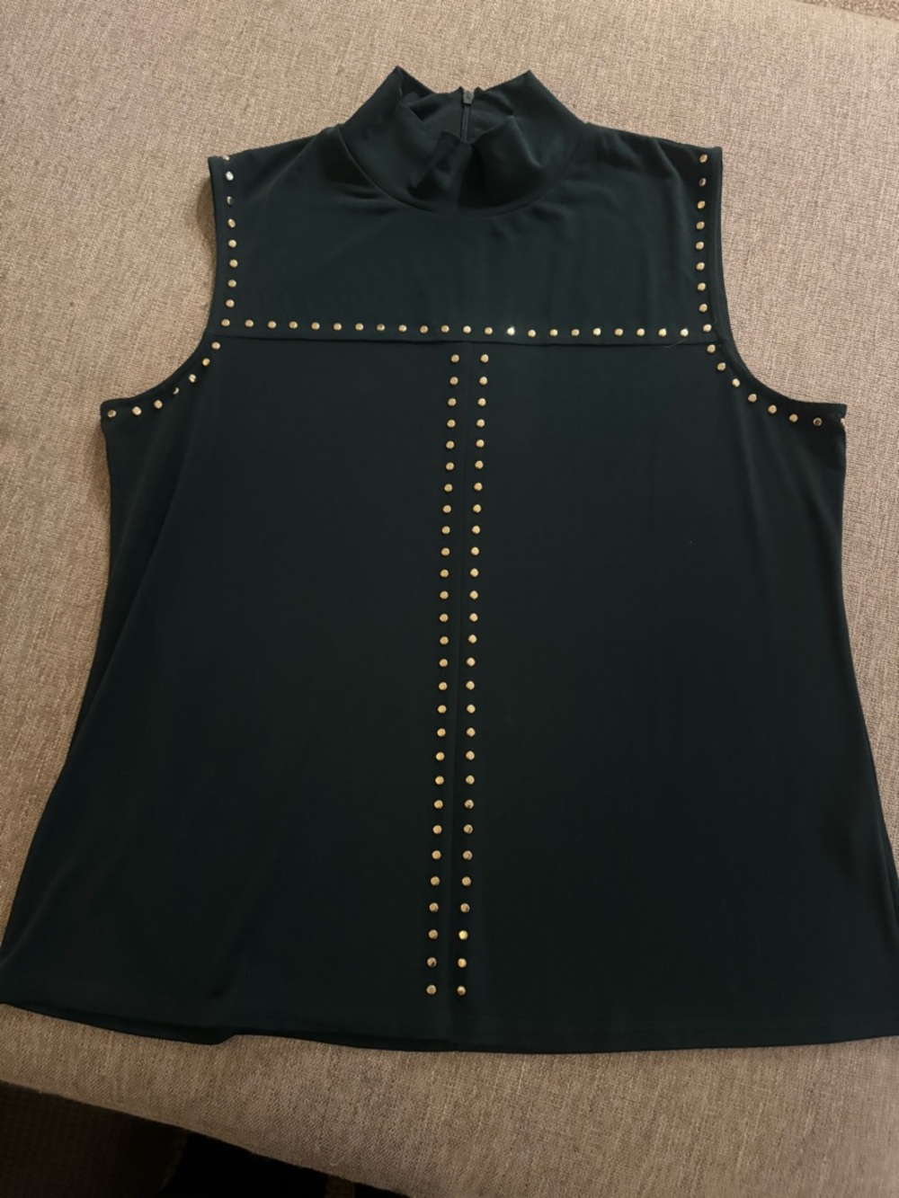 Calvin Klein Dark Green Sleeveless Mock Neck Top with Gold Studs